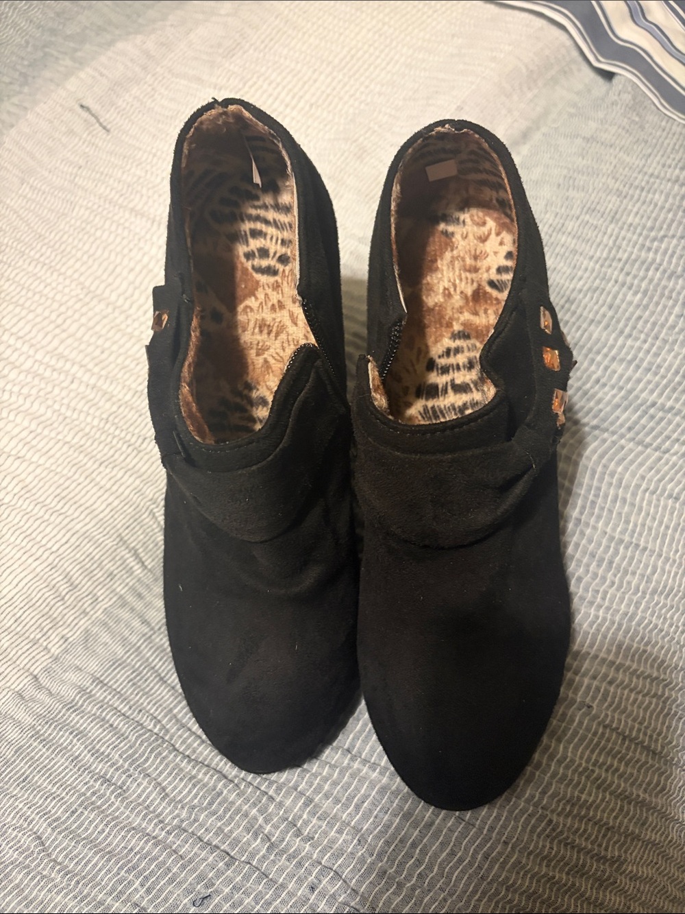 Unlisted Black Suede-Look Ankle Booties with Leopard Lining